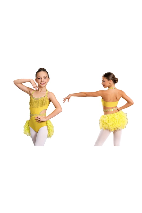 Girls Sparkly Rhinestone Halter Sleeveless Feather Latin Jazz Ballet Dance Skirted Leotard for Performance Yellow 6
