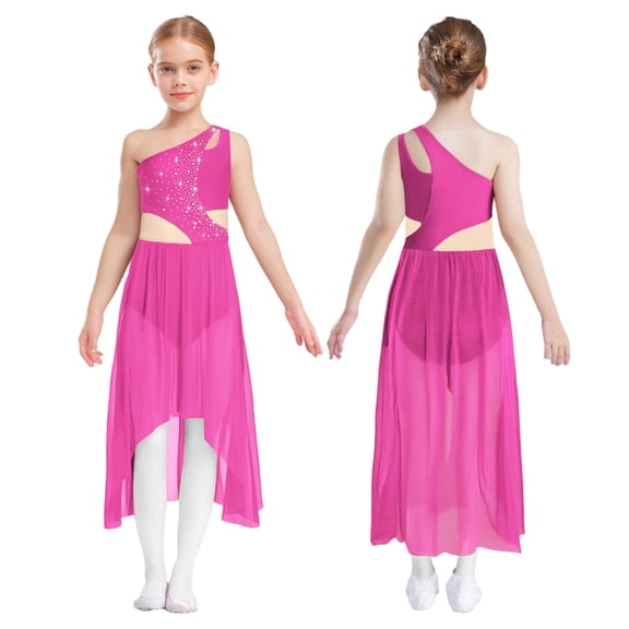 Aislor Girls Sparkly Rhinestone One Shoulder Contemporary Lyrical Dance Ballet Tulle Leotard Dress Dancewear Hot Pink 16