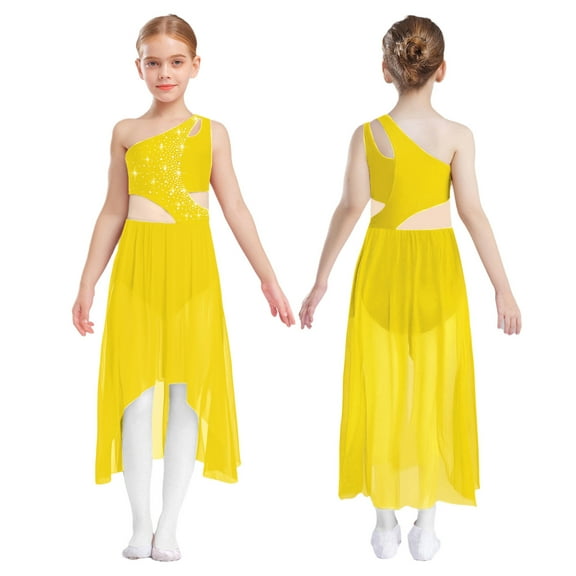 Aislor Girls Sparkly Rhinestone One Shoulder Contemporary Lyrical Dance Ballet Tulle Leotard Dress Dancewear Yellow 14