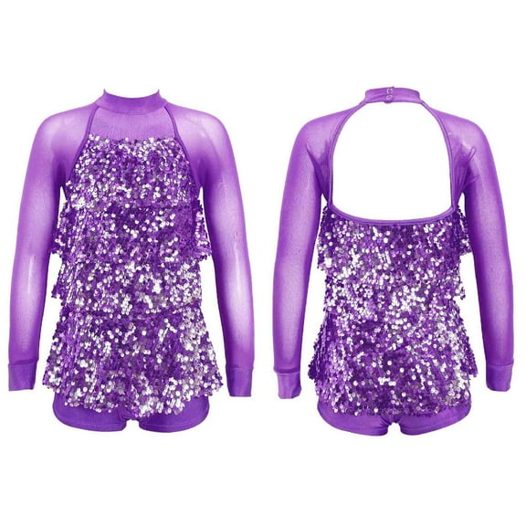 Aislor Girls Sparkly Sequin Ballet Dance Leotard Dress Mesh Long Sleeve Gymnastics Leotard Costume