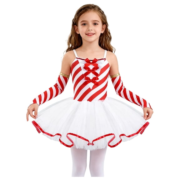 Aislor Girls Striped Leotard Skirt Sleeveless Bowknot Dance Party Dress Mrs. Santa Cosplay with Oversleeves Red 8