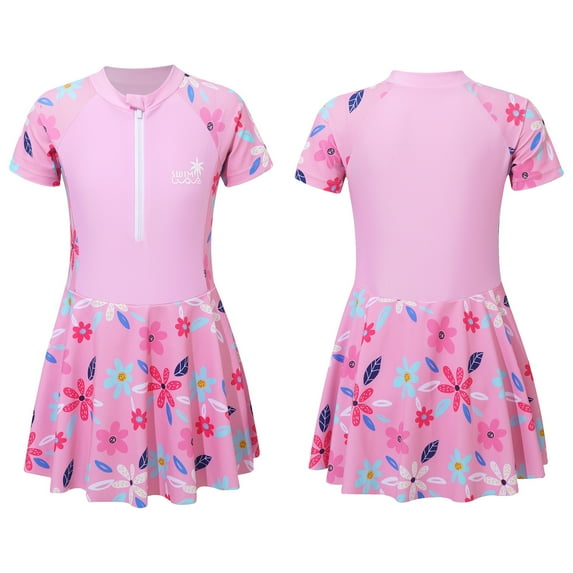 Aislor Girls Summer Beach One Piece Floral Bathing Suit Modest Swim Dress Short Sleeve Swimwear Size 5-12 Pink 5-6