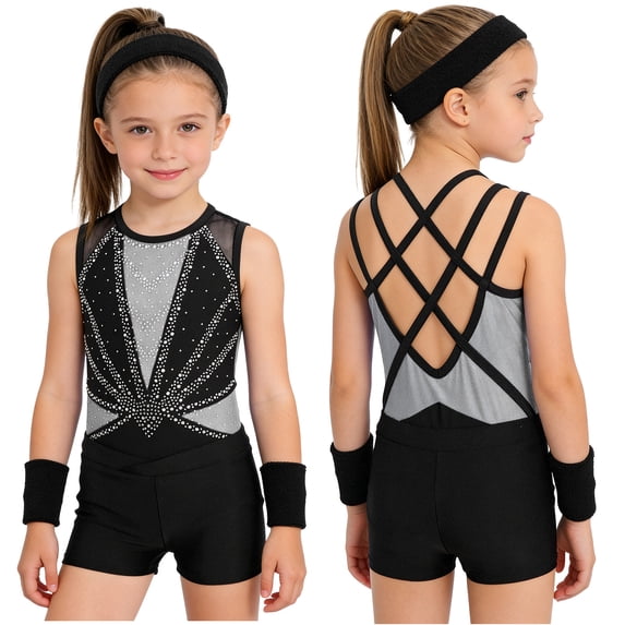 Aislor Girls Tank Unitards With Shorts Headband Gymnastics Leotard Athletic Ballet Dance Bodysuit Training Outfits Black Silver 16