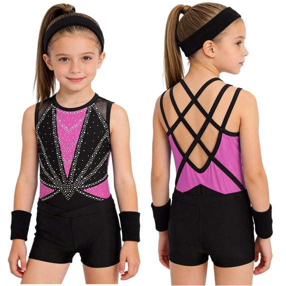 Aislor Girls Tank Unitards With Shorts Headband Gymnastics Leotard Athletic Ballet Dance Bodysuit Training Outfits Hot Pink 10