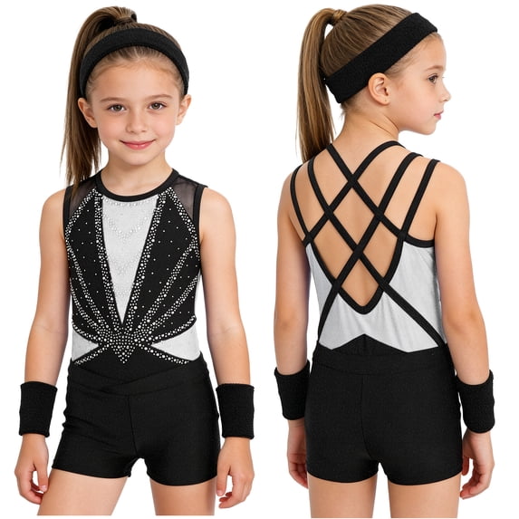 Aislor Girls Tank Unitards With Shorts Headband Gymnastics Leotard Athletic Ballet Dance Bodysuit Training Outfits White 16