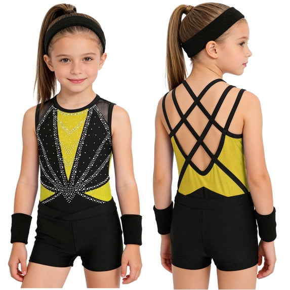 Aislor Girls Tank Unitards With Shorts Headband Gymnastics Leotard Athletic Ballet Dance Bodysuit Training Outfits Yellow 10