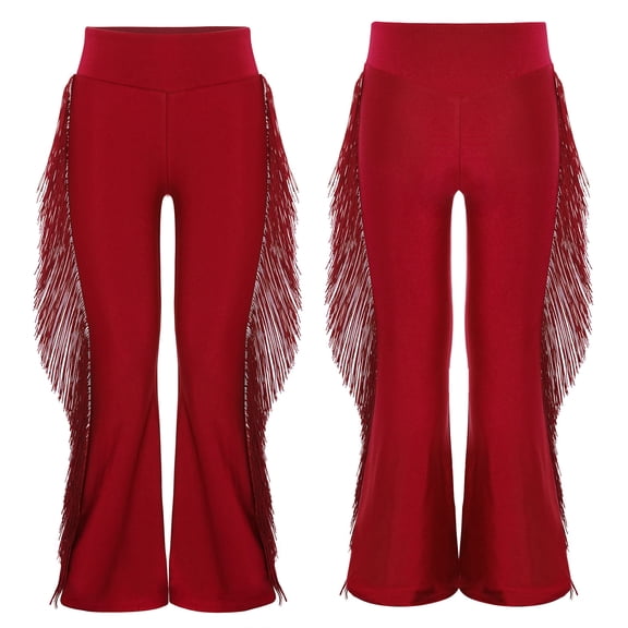 Aislor Girls Tassel Bell Bottom Trousers Latin Ballroom Salsa Tango Cha Cha Rumba Performance Dance Flare Pants Burgundy 6
