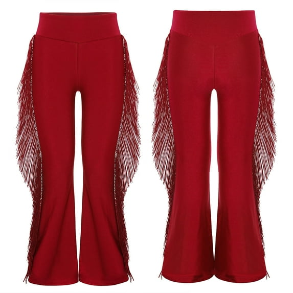 Aislor Girls Tassel Bell Bottom Trousers Latin Ballroom Salsa Tango Cha Cha Rumba Performance Dance Flare Pants Burgundy 8