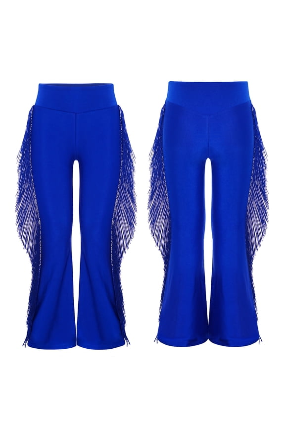 Girls Tassel Bell Bottom Trousers Latin Ballroom Salsa Tango Cha Cha Rumba Performance Dance Flare Pants Royal Blue 6