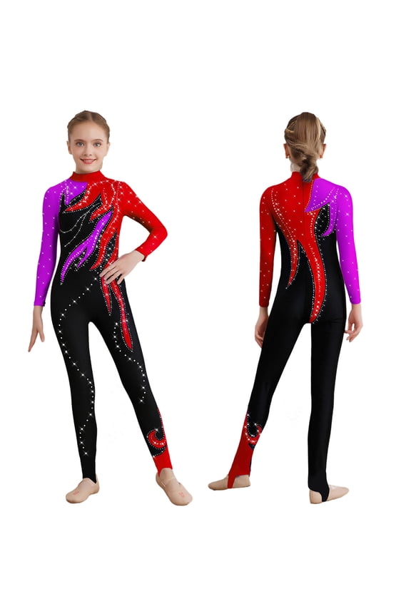 Girls Unitard Gymnastics Full Body Leotard Rhinestone Color Block Bodysuit for Performance Competition Purple&Red 6