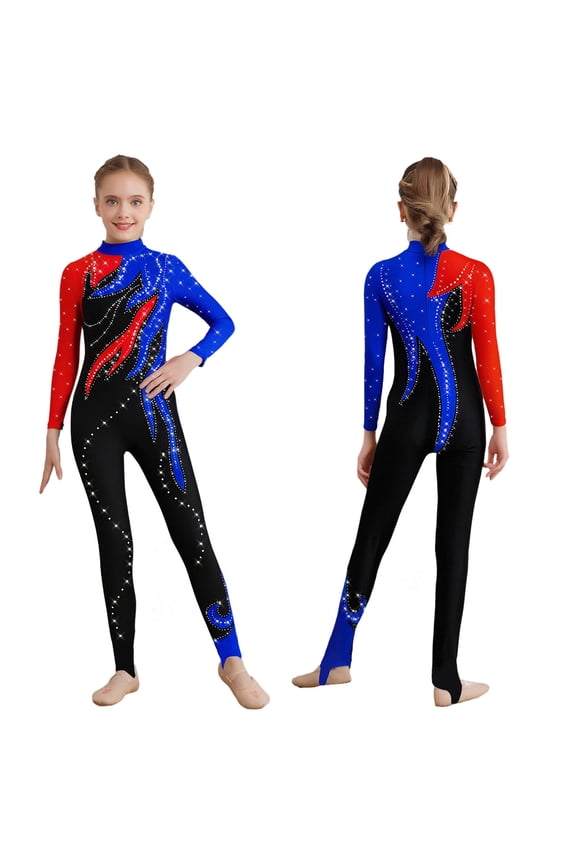 Girls Unitard Gymnastics Full Body Leotard Rhinestone Color Block Bodysuit for Performance Competition Red&Blue 6