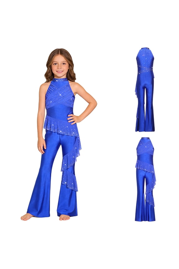Girls Wedding Party Bell-bottom Pants Sparkly Latin Jazz Dance Bodysuit Romper Overalls Wide Leg Jumpsuit Royal Blue 6
