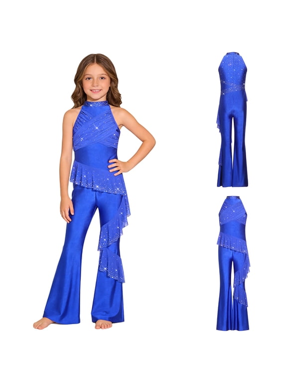 Girls Wedding Party Bell-bottom Pants Sparkly Latin Jazz Dance Bodysuit Romper Overalls Wide Leg Jumpsuit Royal Blue 8