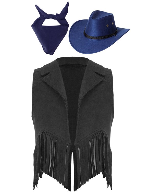 Girls Western Cowgirl Outfit Kids Open Front Cowboy Vest Jacket with Hat Bandana 3 Piece Costume Black&Blue 16