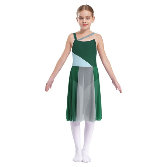 Aislor Girls kids Lyrical Chiffon Sleeveless Ballet Dress Latin Modern Contemporary Dancewear Costume Size 6-16 Green 14