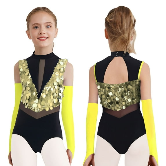 Aislor Gymnastic Outfits for Girls Sequins Ballet Leotard Color Block Latin Jazz Modern Dance Bodysuit with Gloves Gold 10