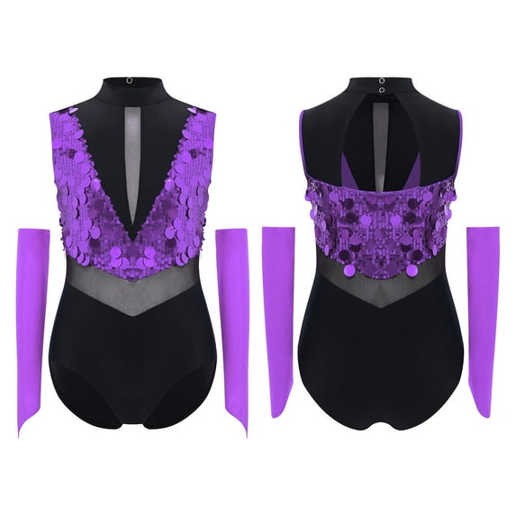 Aislor Gymnastic Outfits for Girls Sequins Ballet Leotard Color Block Latin Jazz Modern Dance Bodysuit with Gloves Purple 16