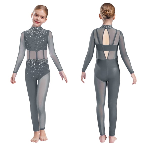Aislor Gymnastics Jumpsuit for Girls Skating Bodysuit Figure Skating Leotard Sparkly Catsuit Full Body Dance Unitard Grey 10