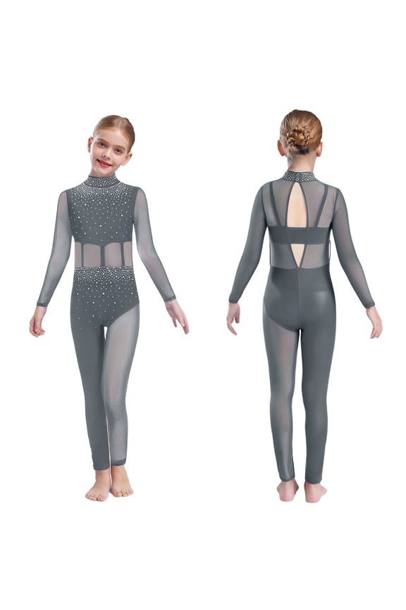 Gymnastics Jumpsuit for Girls Skating Bodysuit Figure Skating Leotard Sparkly Catsuit Full Body Dance Unitard Grey 6