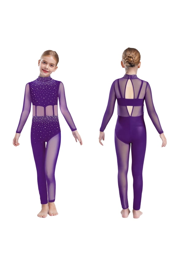 Gymnastics Jumpsuit for Girls Skating Bodysuit Figure Skating Leotard Sparkly Catsuit Full Body Dance Unitard Purple 16