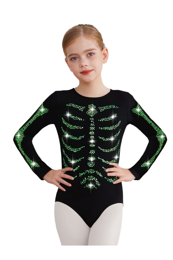 Gymnastics Leotard for Girls Rhinestone Jumpsuit Long Sleeve Athletic Dance Bodysuit Green 6