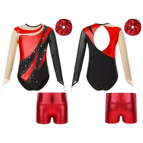Aislor Girls Sparkly Dance Unitard Gymnastics Leotard Long Sleeve Bodysuits Athletic Tracksuit Ballet Suits Red 8