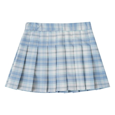 Aislor High School Youth Junior Girls Elastic Waistband High Waisted Pleated Grid A Line Skater Tennis Skirt 5-14 Sky Blue 7-8