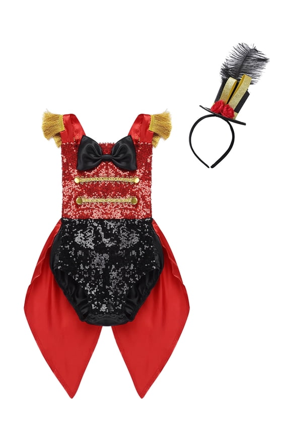 Infant Baby Girls Ringmaster Circus Inspired Romper Bodysuit with Feather Hat