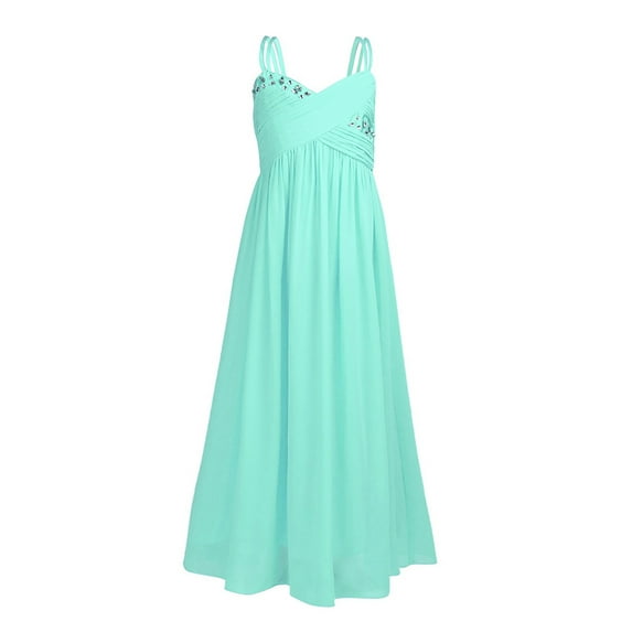 Aislor Junior Bridesmaid Kid Girls Rhinestones Pleated Chiffon Dance Maxi Gown Floor Long Dress
