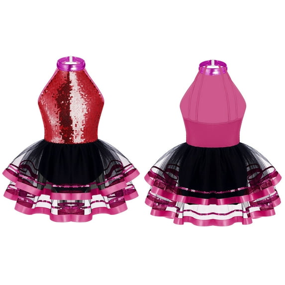 Aislor Kids Girls Sequins Ballet Dance Dress Sleeveless Tutu Skirt Gymnastic Leotard Jazz Latin Ballerina Costume Dancewear Rose 8