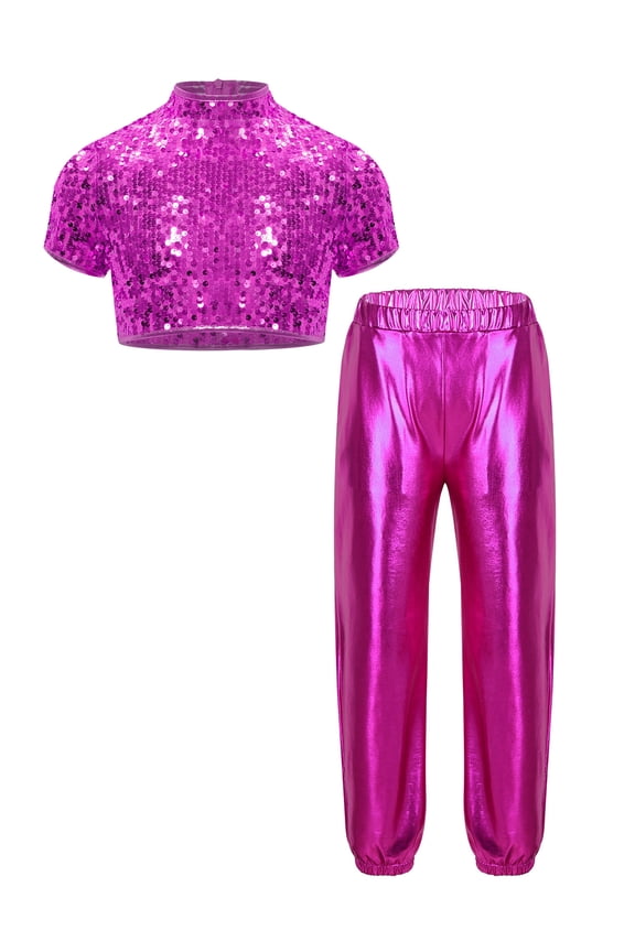 Kids 2 Piece Dance Tracksuits Jazz Hip-hop Dance Costume Shiny Sequins Dance Clothes Athletic Hot Pink 16