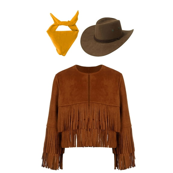 Aislor Kids 3Pcs Western Cowboy Halloween Costume Long Sleeve Coat Jacket Tassels Tops with Hat Brown&Yellow 6