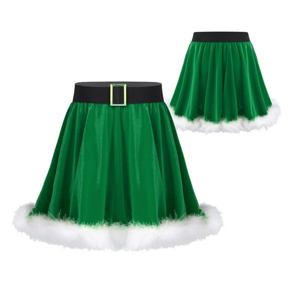 Aislor Kids Big Girls Christmas Santa Faux Fur Skirts Festival Dance Performance Fancy Dress Size 4-16 Green 12