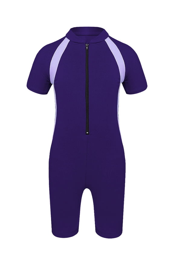 Kids Boy Girls One Piece Short Sleeve Rash Guard Wetsuit Zippered Swimsuit Swimwear