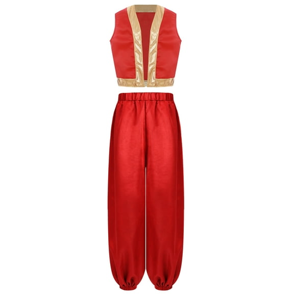 Aislor Kids Boys Arabian Prince Street Rats Costume Gold Trim Waistcoat With Harem Dance Pants Red 16