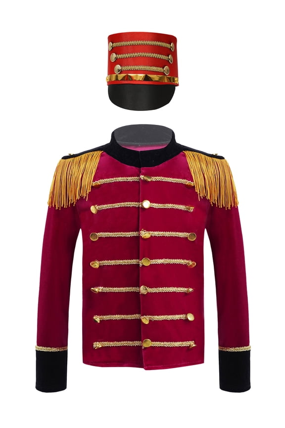 Kids Boys Drummer Marching Band Halloween Costume Solider Long Sleeve Tassel Coat with Hat Red 10