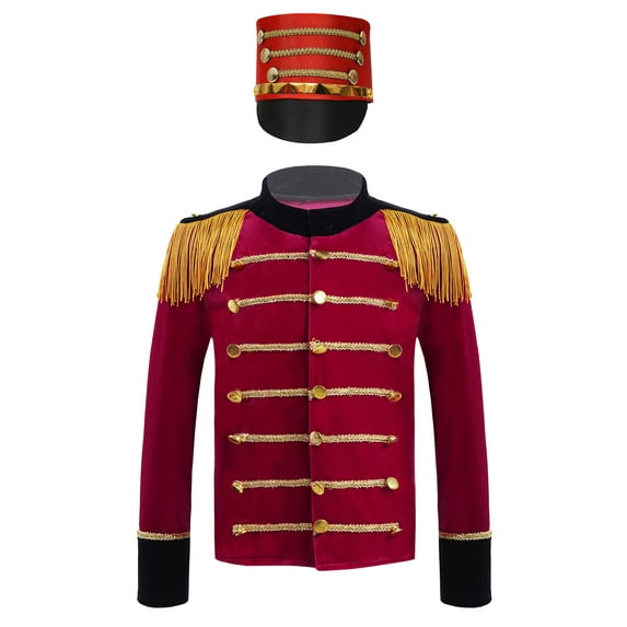 Aislor Kids Boys Drummer Marching Band Halloween Costume Solider Long Sleeve Tassel Coat with Hat Red 6