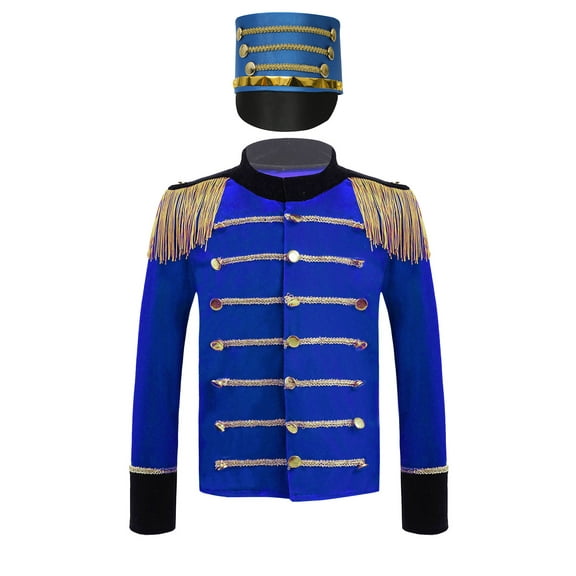 Aislor Kids Boys Drummer Marching Band Halloween Costume Solider Long Sleeve Tassel Coat with Hat Royal Blue 12