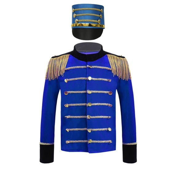 Aislor Kids Boys Drummer Marching Band Halloween Costume Solider Long Sleeve Tassel Coat with Hat Royal Blue 16