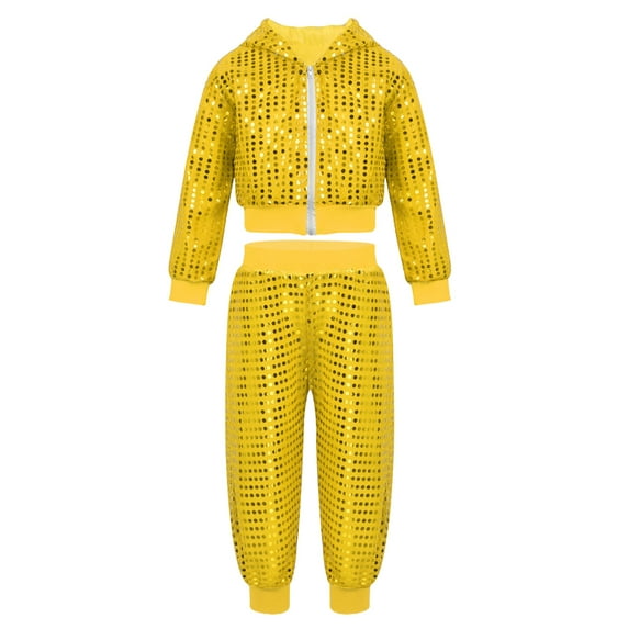 Aislor Kids Boys Girls Hip-hop Jazz Stage Performace Sequins Hooded Tops Jacket with Pants Dance Outfit