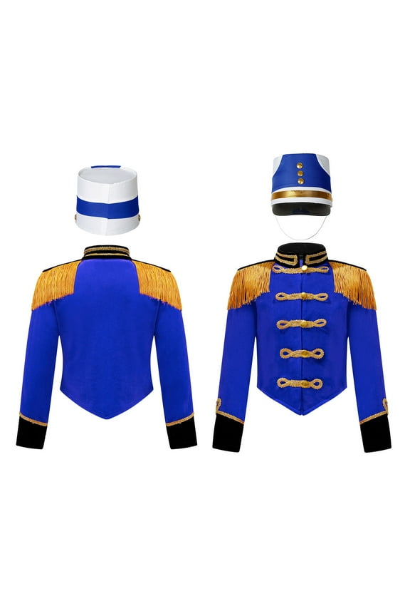 Kids Boys Girls Marching Band Drum Major Uniform Tassel Jacket Coat with Cap Set Size 4-14 Royal Blue 10