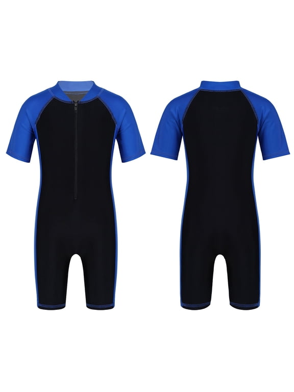 Kids Boys Girls One Piece Short Sleeve Zippered Wetsuit UV Sun Protection Rash Guard Swimwear A Blue&Black 10