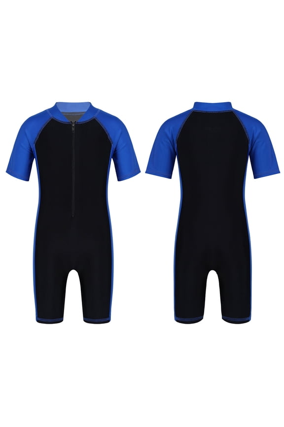 Kids Boys Girls One Piece Short Sleeve Zippered Wetsuit UV Sun Protection Rash Guard Swimwear A Blue&Black 12
