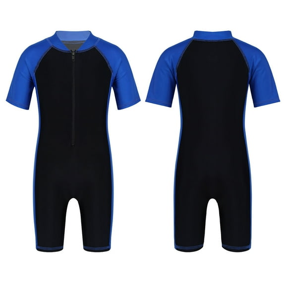 Aislor Kids Boys Girls One Piece Short Sleeve Zippered Wetsuit UV Sun Protection Rash Guard Swimwear A Blue&Black 16