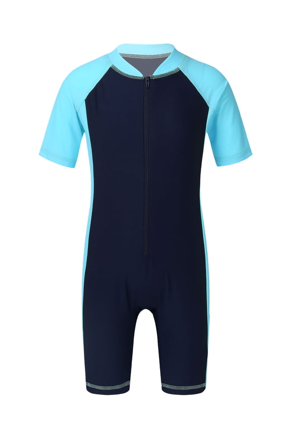 Kids Boys Girls One Piece Short Sleeve Zippered Wetsuit UV Sun Protection Rash Guard Swimwear
