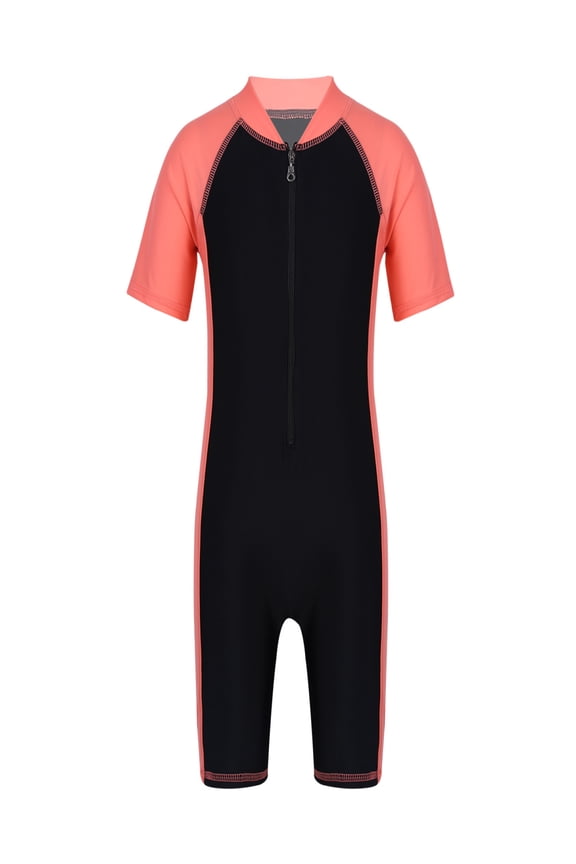 Kids Boys Girls One Piece Short Sleeve Zippered Wetsuit UV Sun Protection Rash Guard Swimwear