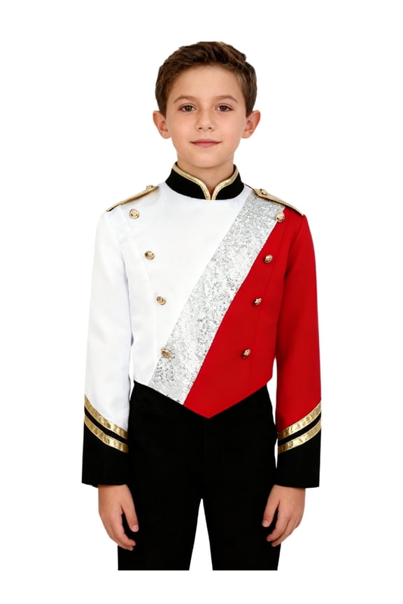 Kids Boys Marching Band Metallic Patchwork Sequins Outerwear Jacket Uniform Performance Red 10