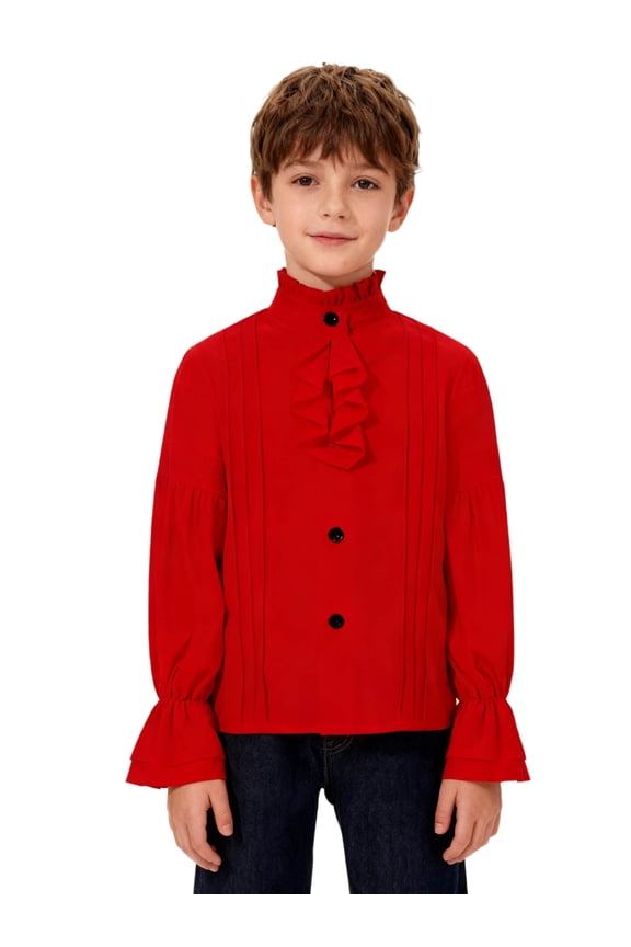 Kids Boys Renaissance Costume Pirate Blouse Medieval Victorian Long Sleeve Top Shirt Red 6