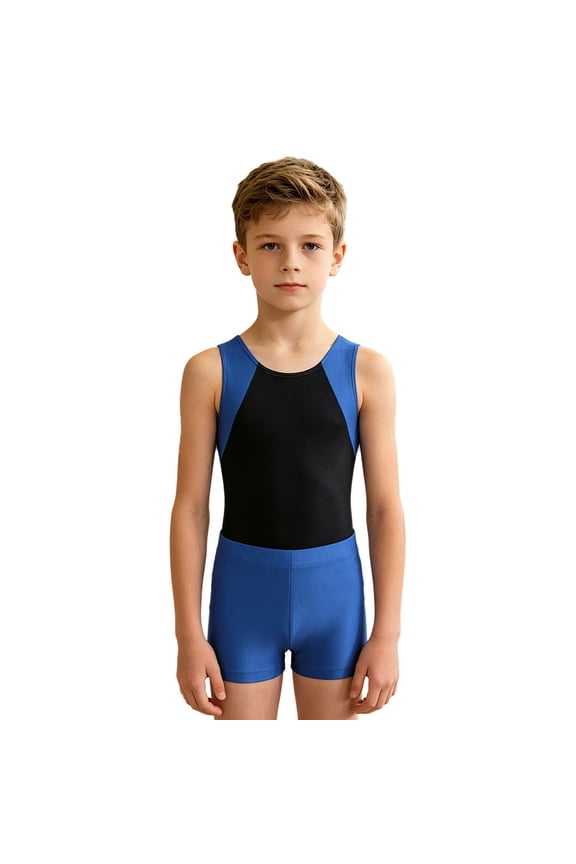 Boys Sleeveless Gymnastics Leotard with Shorts Set Dance Gym Workout Jumpsuit 6-16 Blue 6