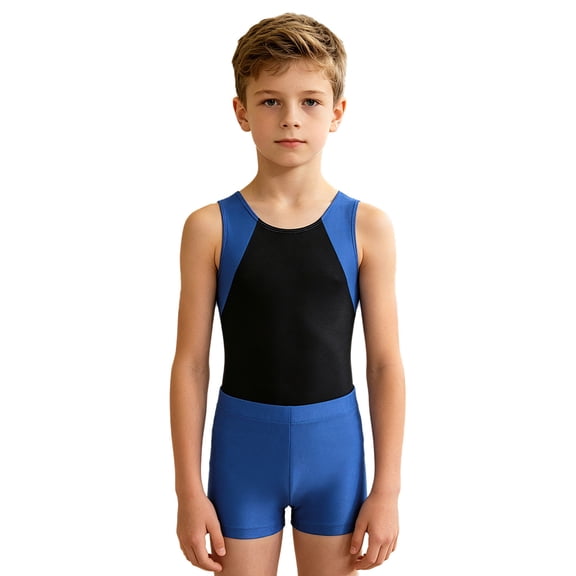 Aislor Boys Sleeveless Gymnastics Leotard with Shorts Set Dance Gym Workout Jumpsuit 6-16 Blue 6